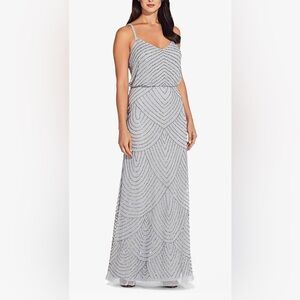 Adrianna Papell NEW Silver & Light Grey Beaded Sequin V Neck Maxi Dress 18